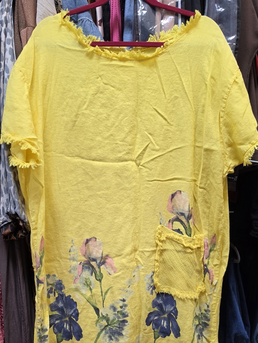 Yellow Floral Frayed-Neck Short Sleeve Dress.